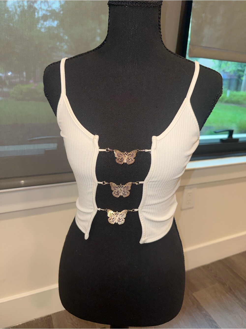 REVOLVE White Ribbed Tank with Silver Butterfly Clips